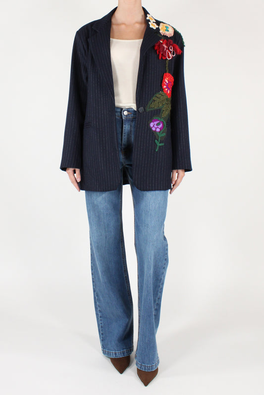 Blazer Over Gessato con Fiori Ricamati