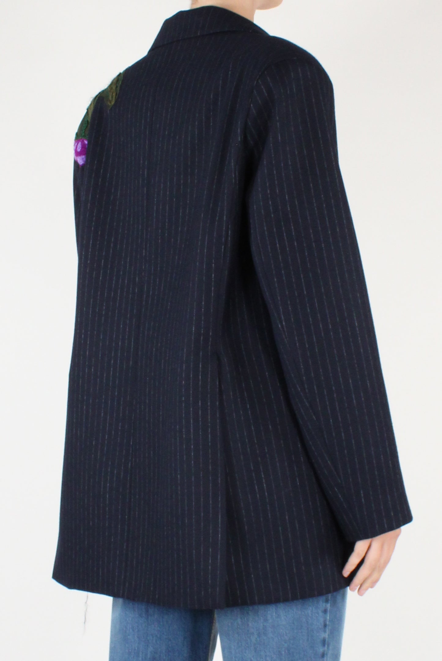 Blazer Over Gessato con Fiori Ricamati