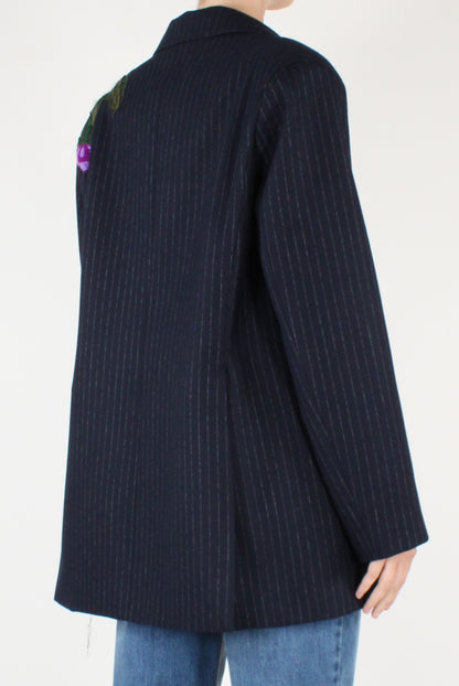 Blazer Over Gessato con Fiori Ricamati