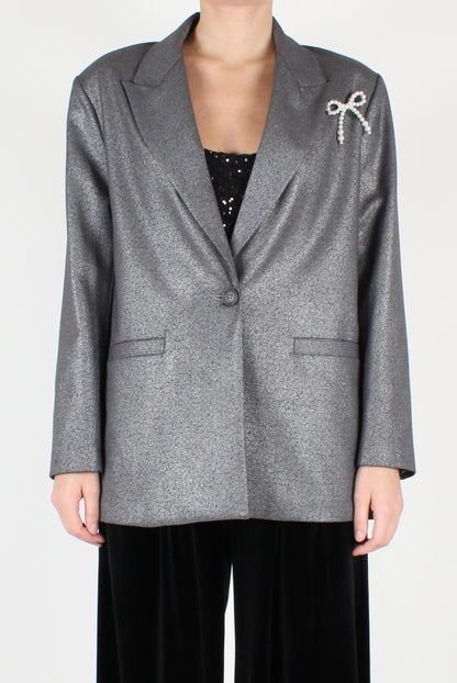 Single Breasted Metallic Blazer with Brooch