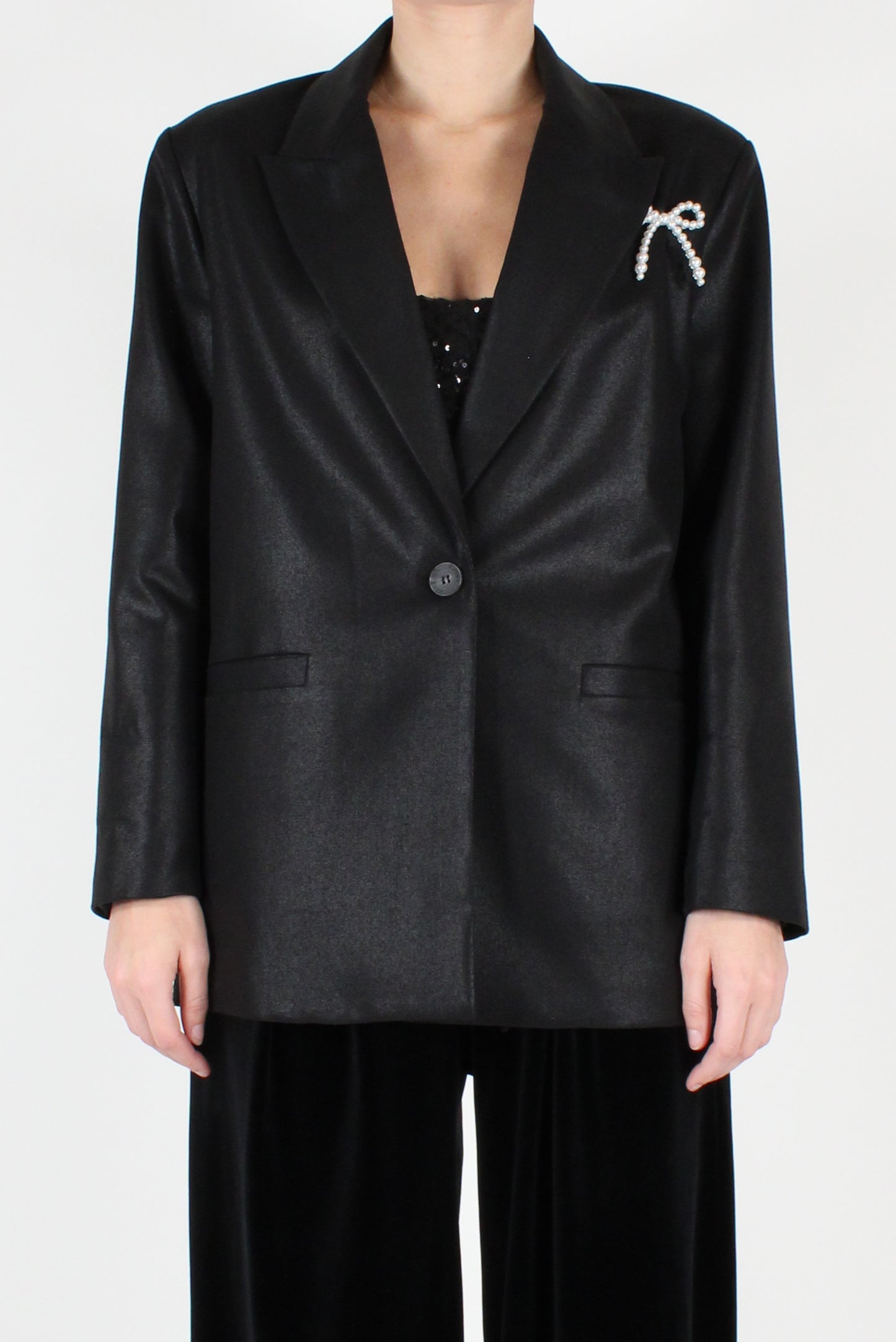 Single Breasted Metallic Blazer with Brooch