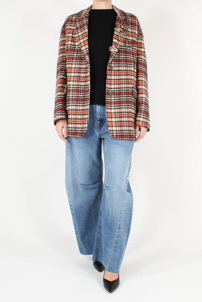 Wool Blend Checked Oversized Blazer with Pins