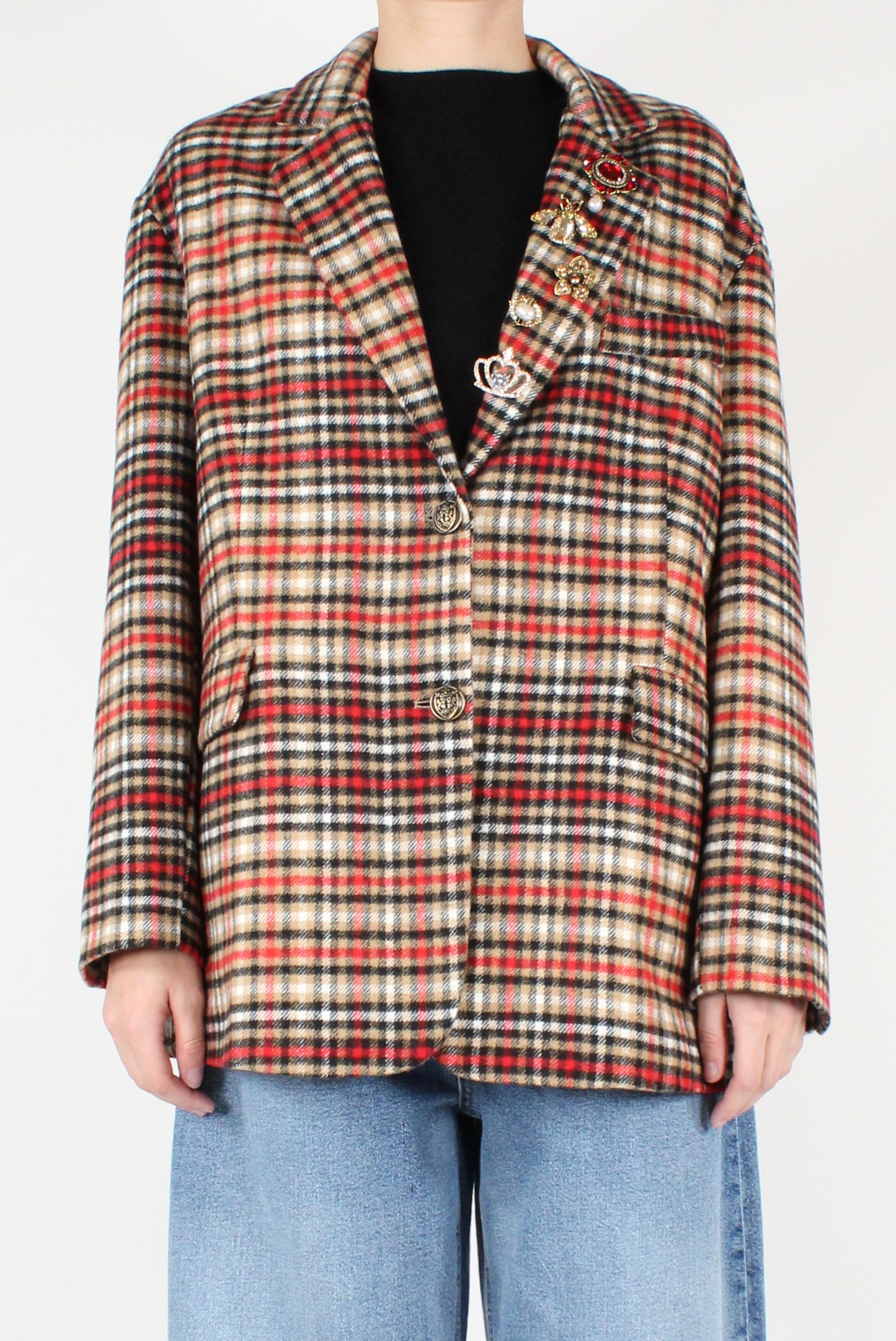 Wool Blend Checked Oversized Blazer with Pins