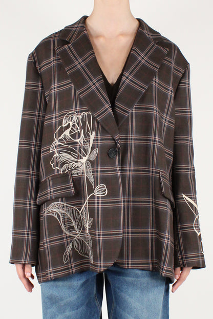Blazer Over Monopetto in Tartan con Ricami