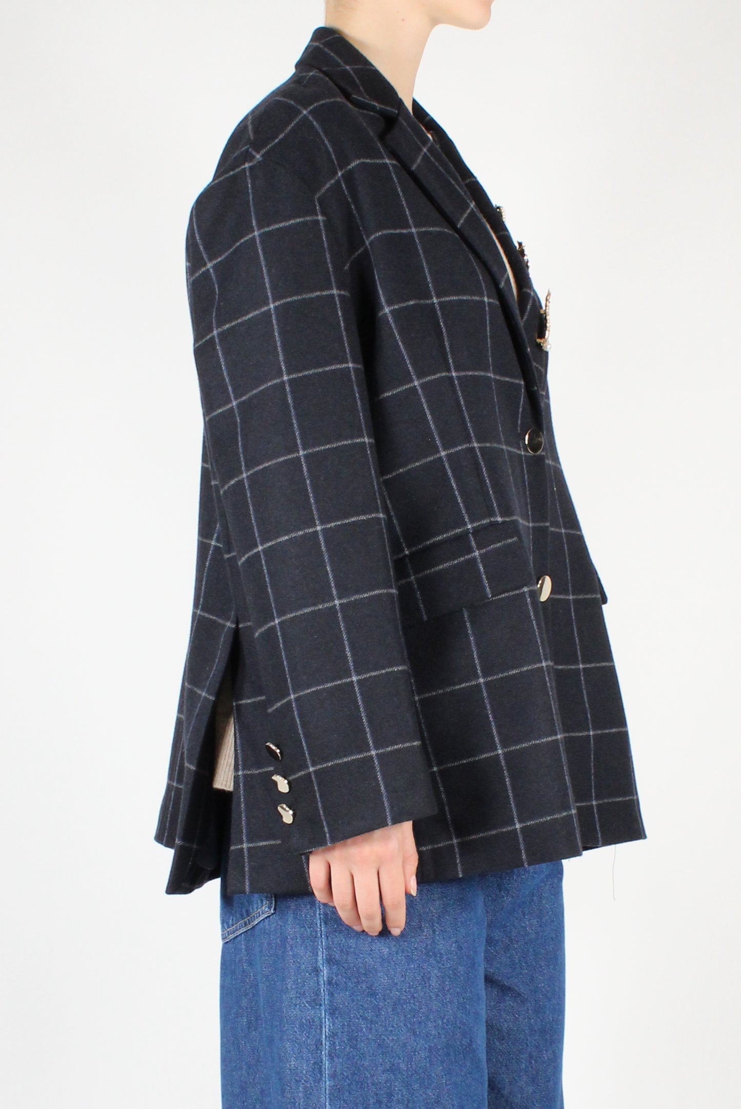 Oversized Checked Blazer with Pins