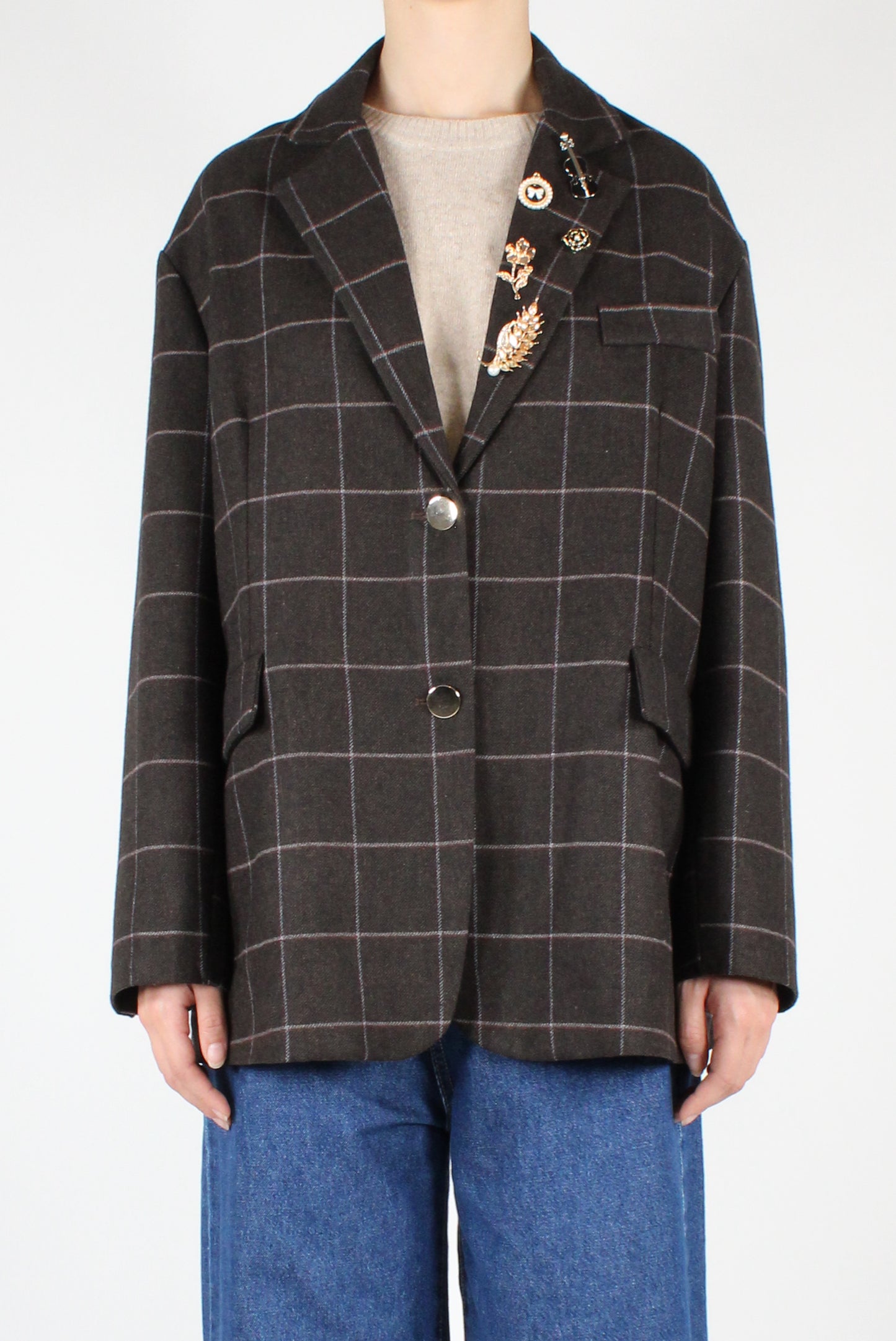 Oversized Checked Blazer with Pins