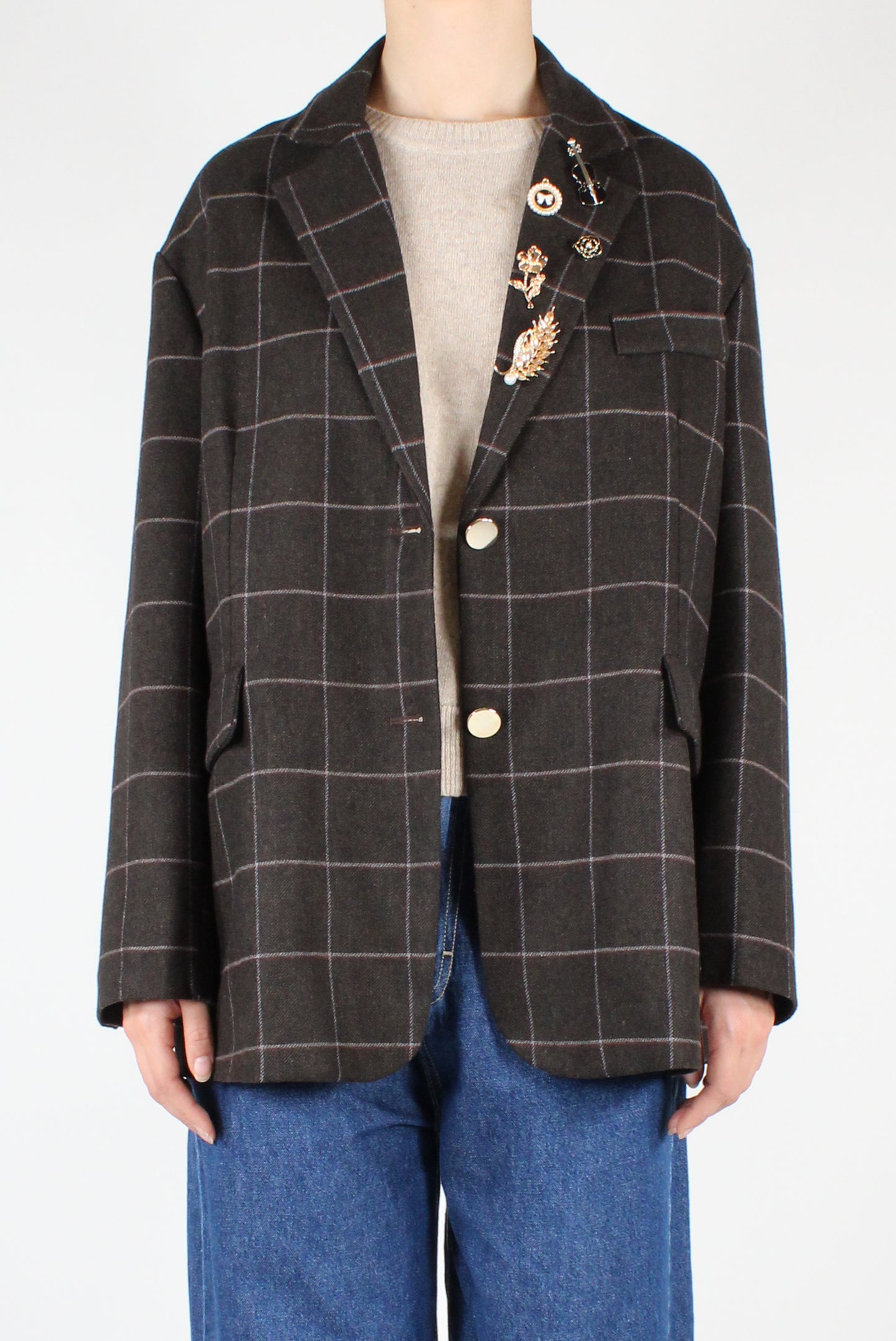 Oversized Checked Blazer with Pins