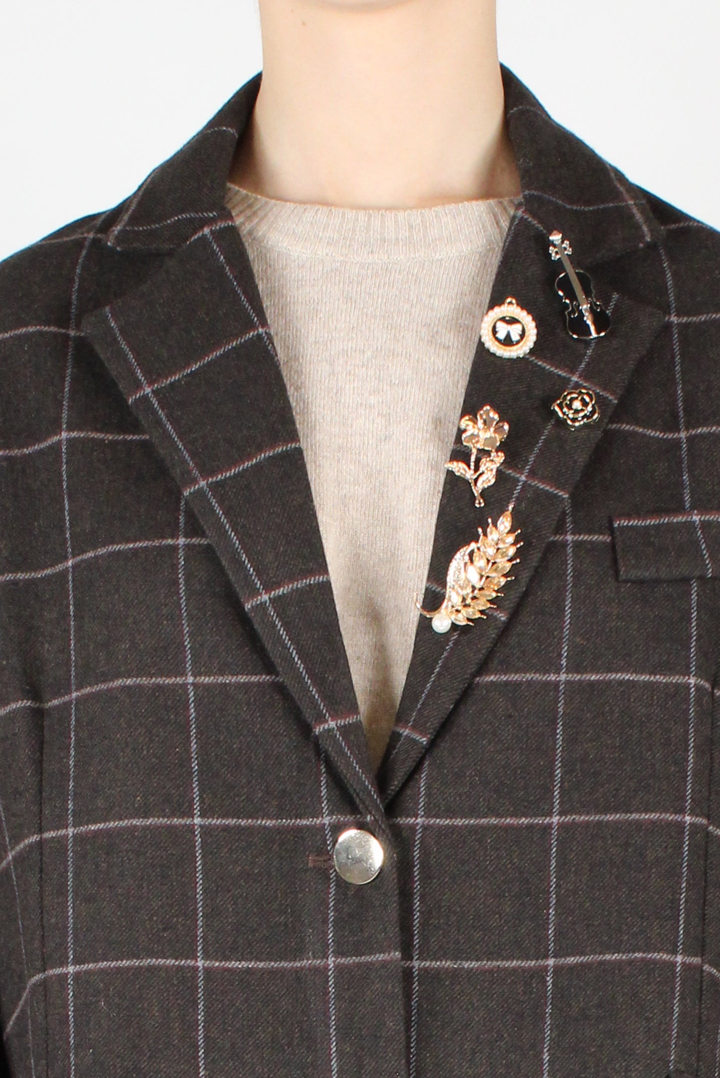 Oversized Checked Blazer with Pins