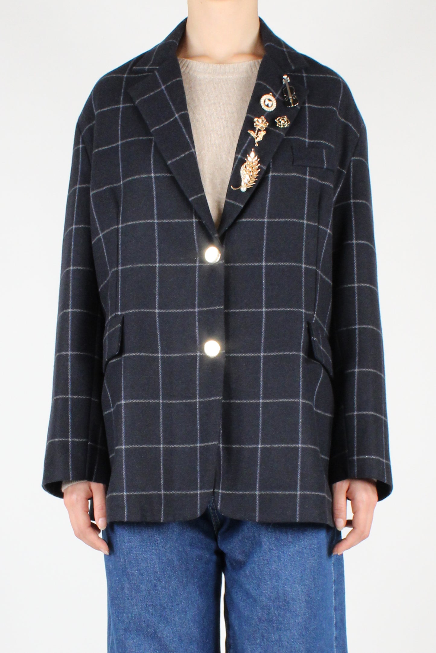 Oversized Checked Blazer with Pins