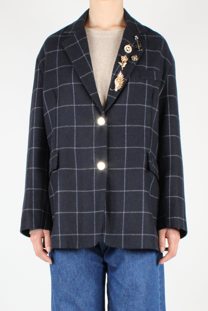 Oversized Checked Blazer with Pins