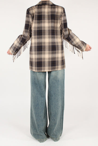 Blazer Doppiopetto Over in Tartan con Frange