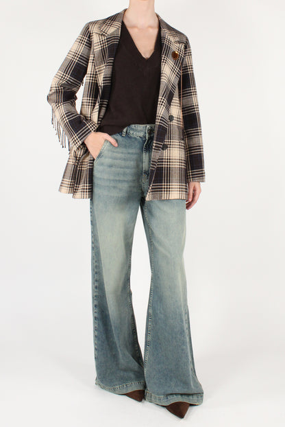 Blazer Doppiopetto Over in Tartan con Frange
