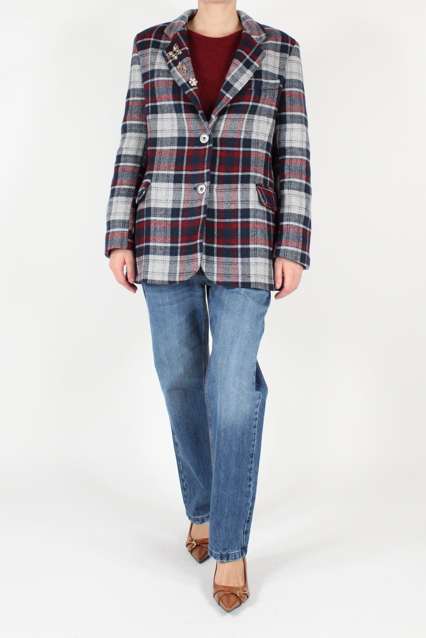 Single Breasted Tartan Oversized Blazer with Pins