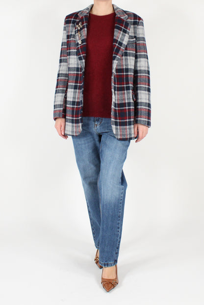 Single Breasted Tartan Oversized Blazer with Pins