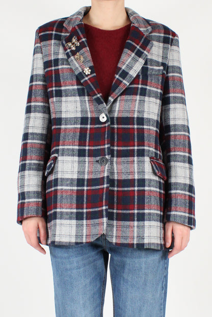 Single Breasted Tartan Oversized Blazer with Pins