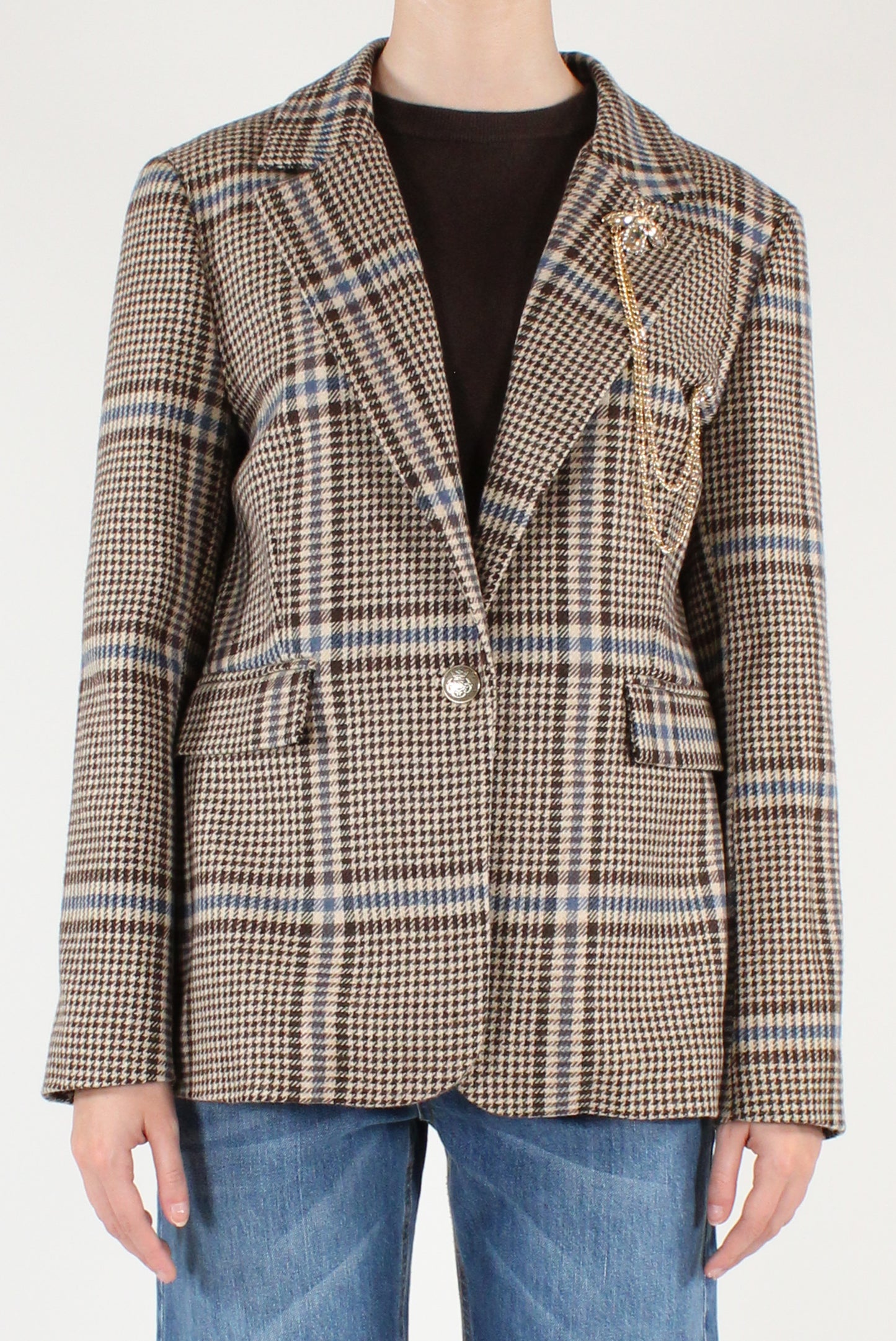 Blazer Fantasia Pied de Poule con Spilla