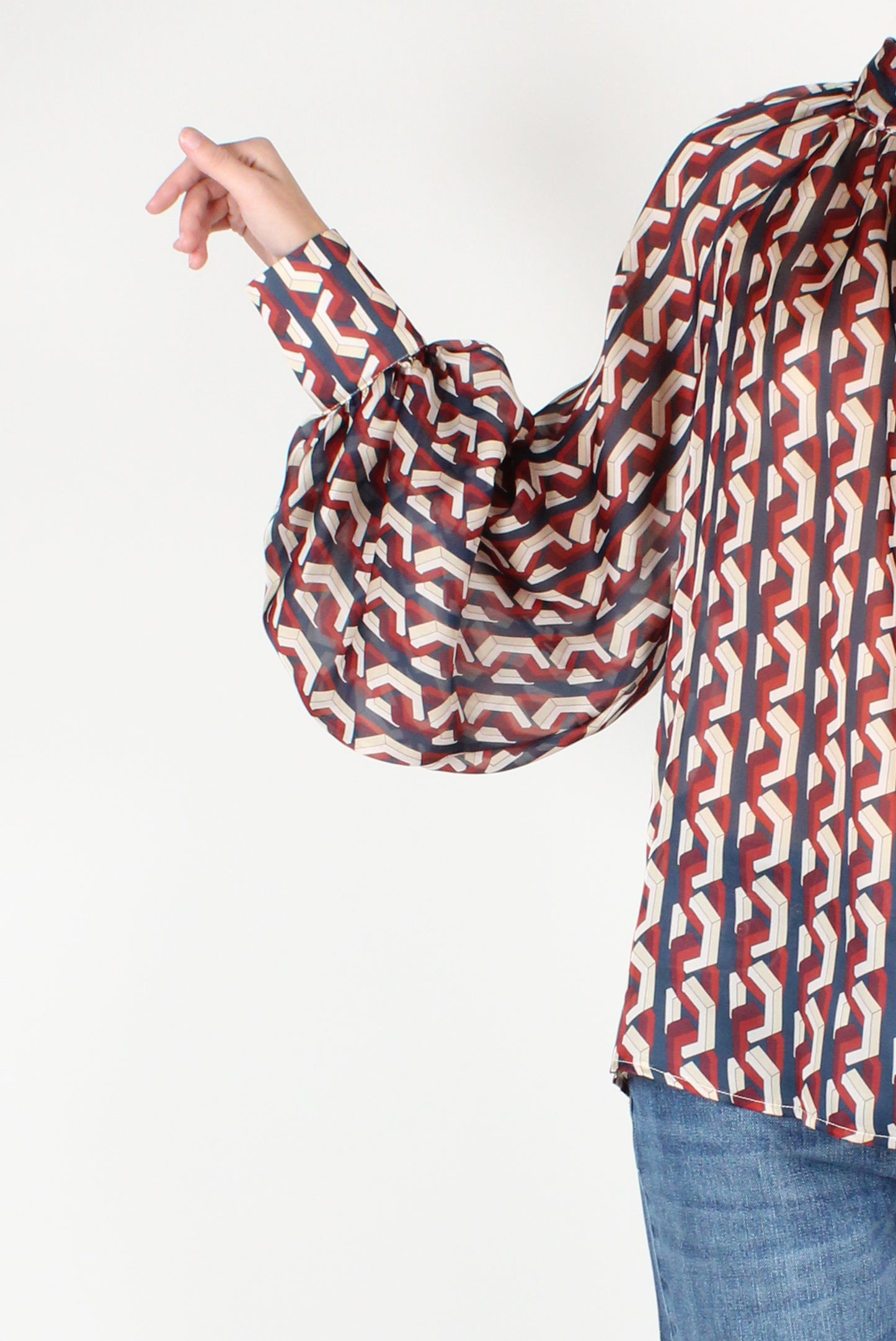 Oversized Blouse with Geometric Pattern Bow