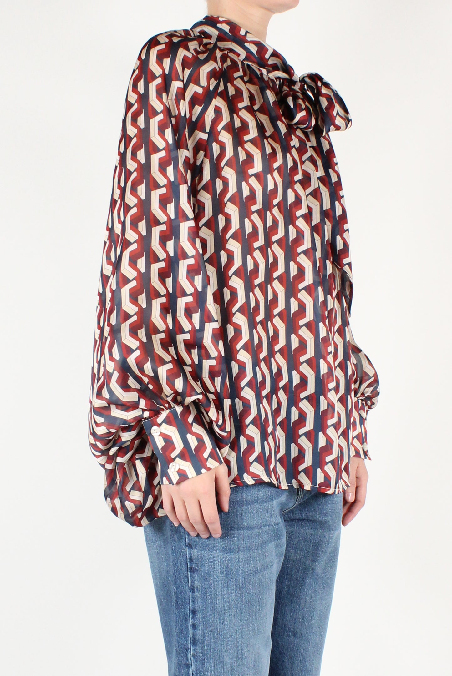 Oversized Blouse with Geometric Pattern Bow