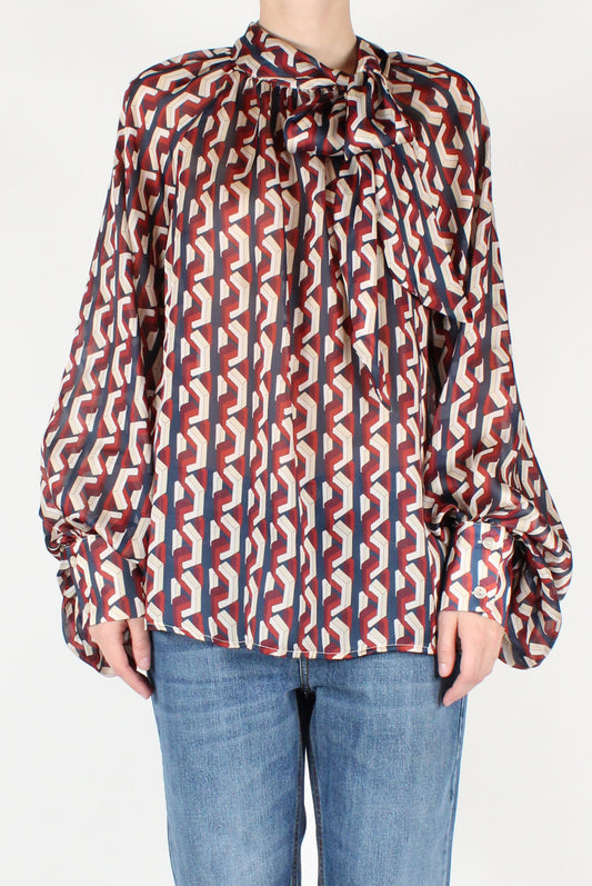 Oversized Blouse with Geometric Pattern Bow