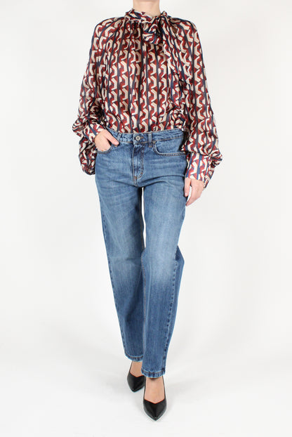 Oversized Blouse with Geometric Pattern Bow