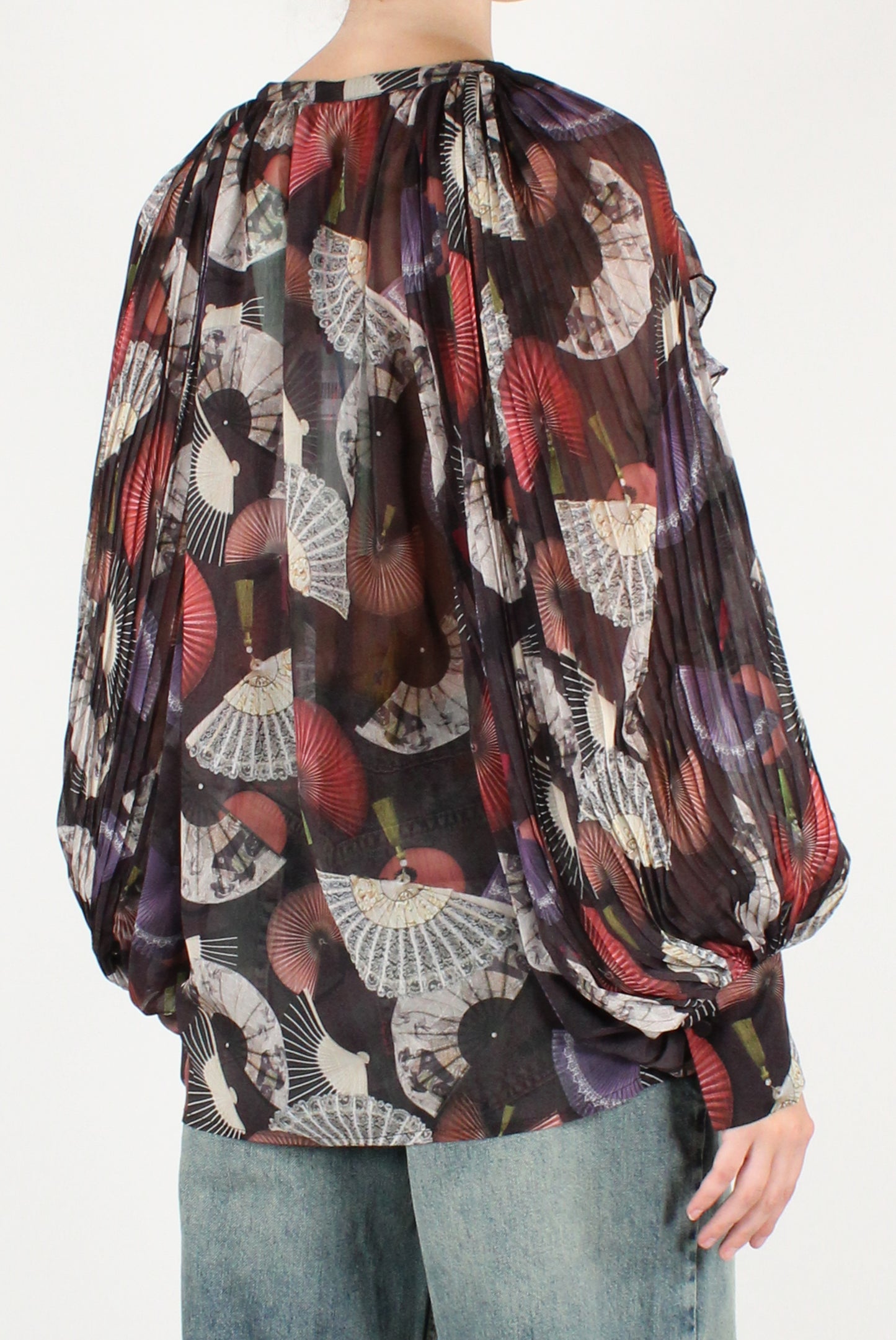 Blusa con Rouches Plissettate Stampa Ventagli