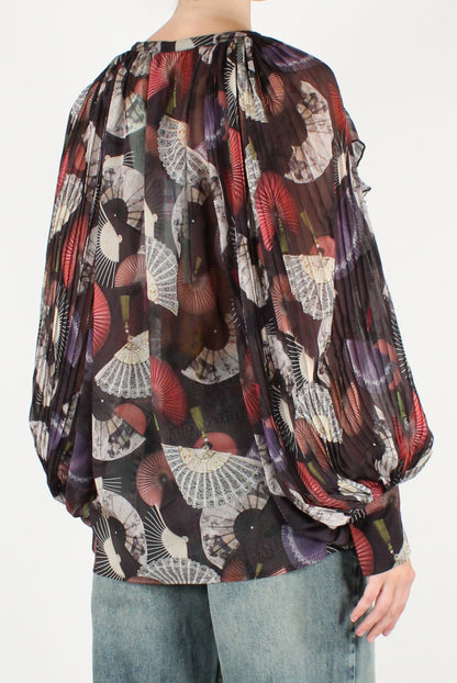 Blusa con Rouches Plissettate Stampa Ventagli