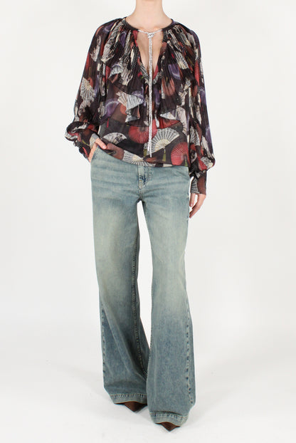 Blusa con Rouches Plissettate Stampa Ventagli