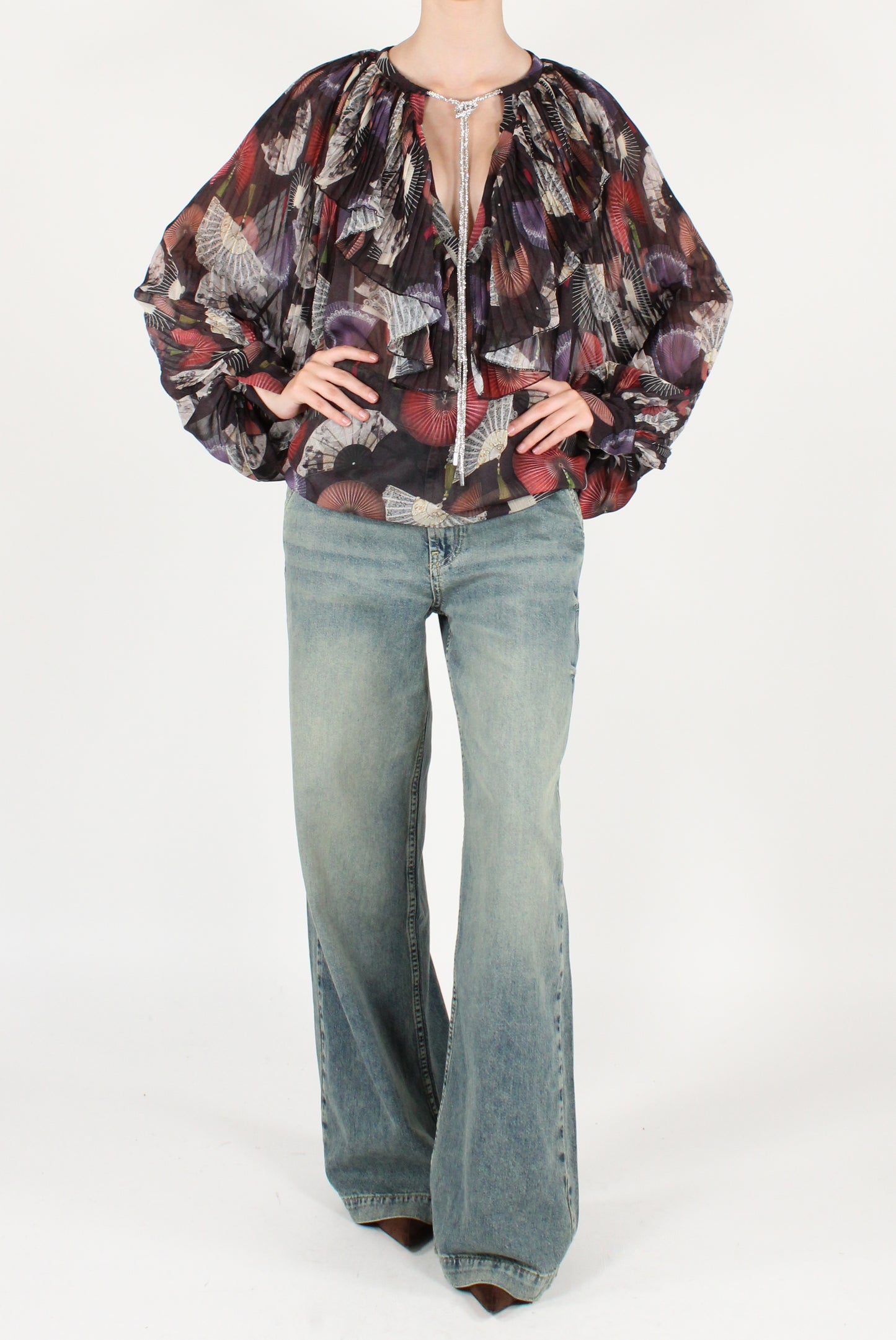 Blusa con Rouches Plissettate Stampa Ventagli