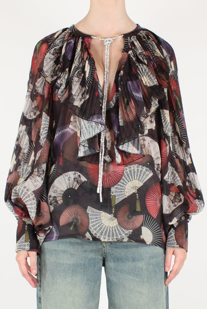Blusa con Rouches Plissettate Stampa Ventagli