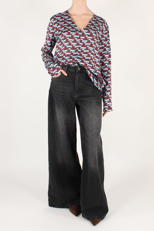 Blusa Scollo a V Stampa Bassotti Stilizzati