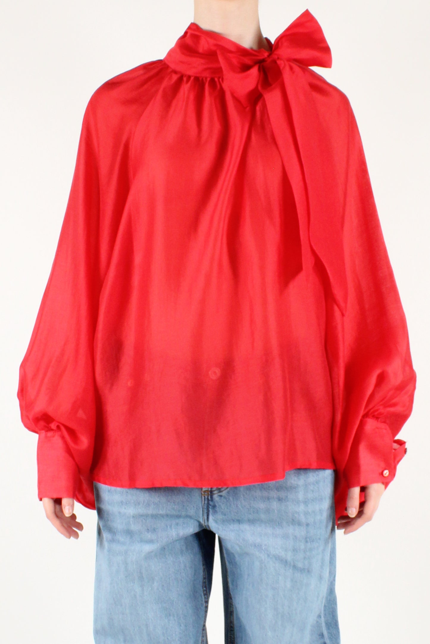 Oversized Blouse with Bow in Solid Color