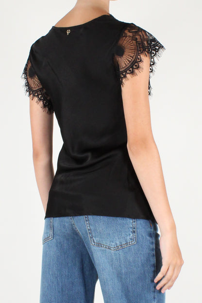 Blusa Scollo a V in Viscosa con Pizzo