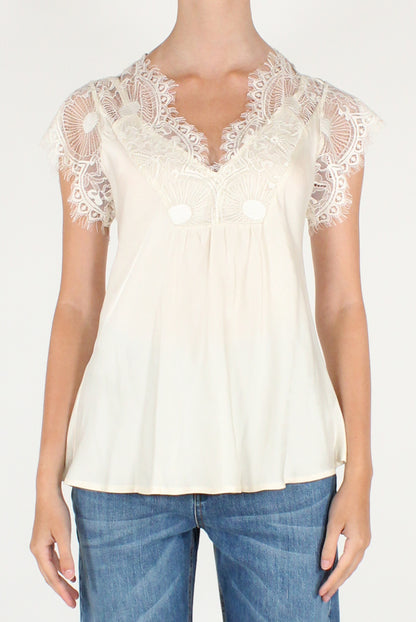 Blusa Scollo a V in Viscosa con Pizzo
