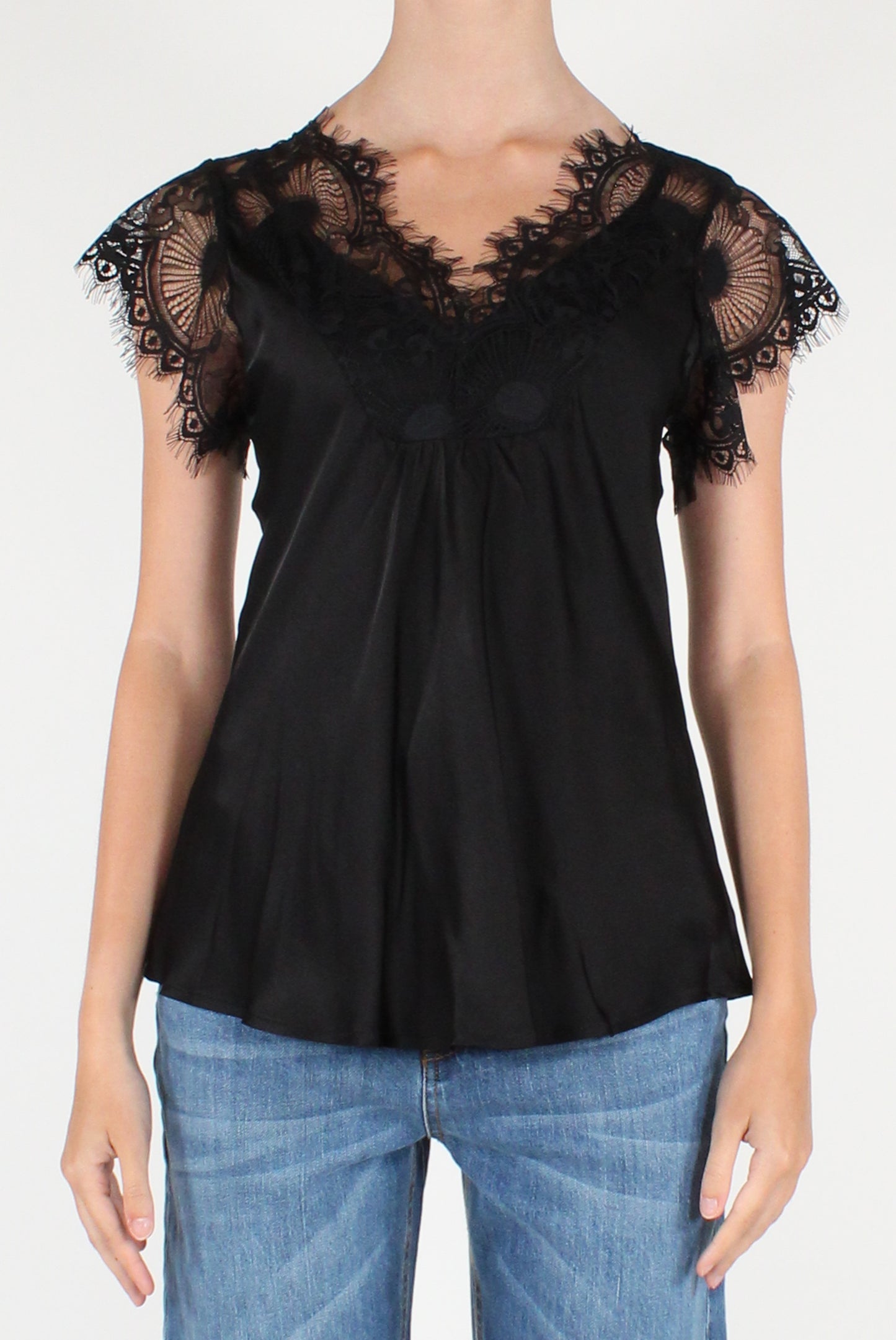 Blusa Scollo a V in Viscosa con Pizzo