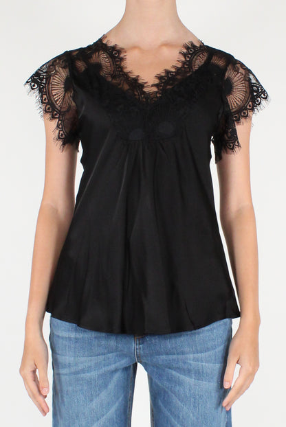 Blusa Scollo a V in Viscosa con Pizzo