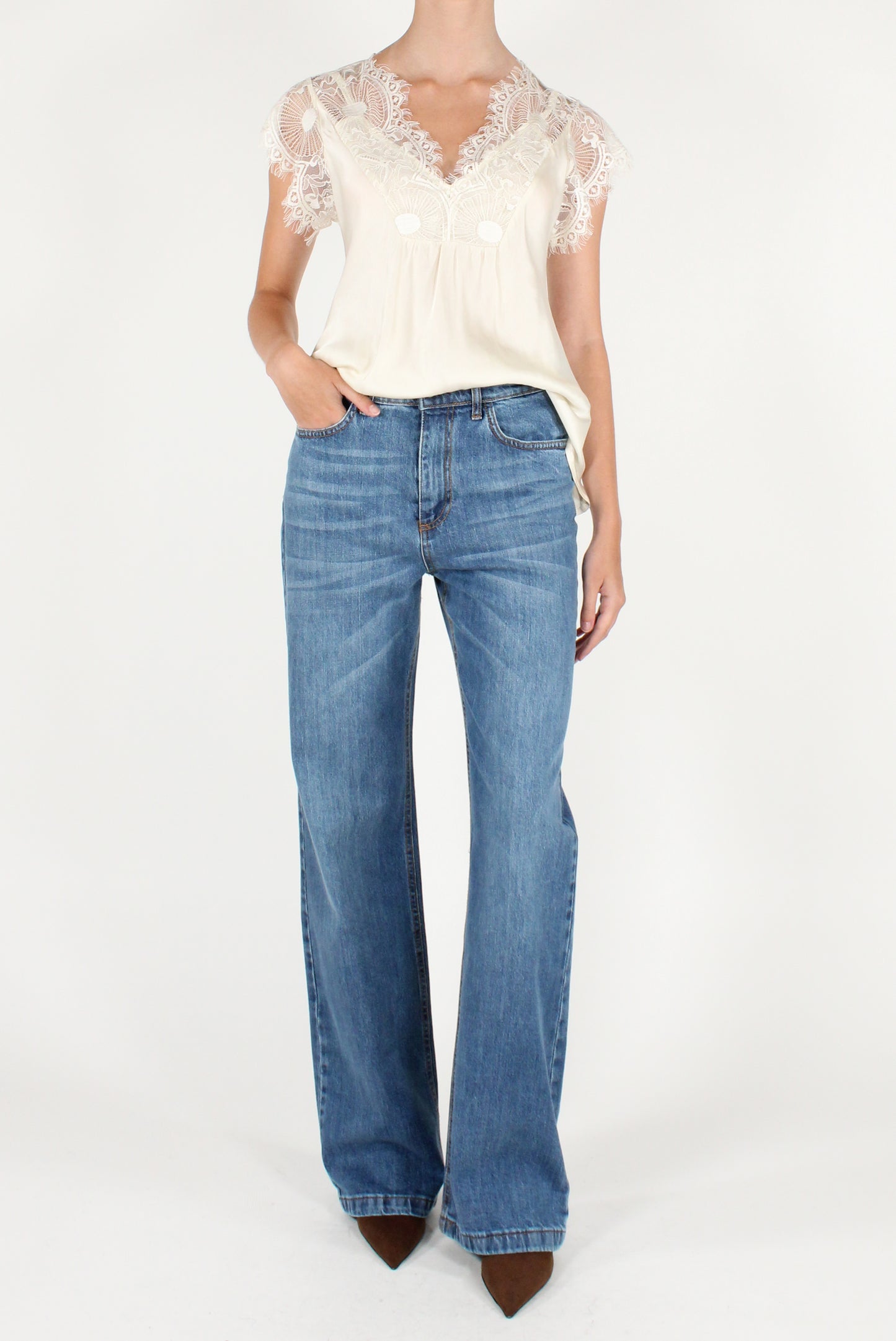 Blusa Scollo a V in Viscosa con Pizzo