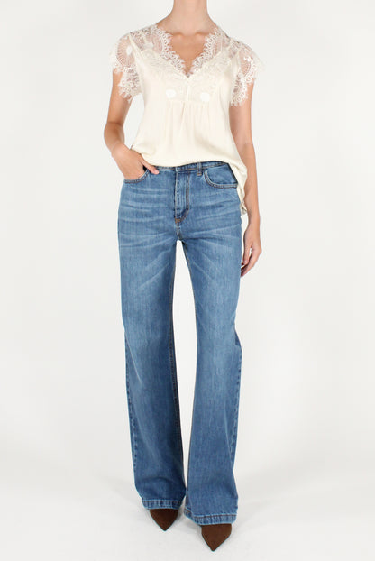 Blusa Scollo a V in Viscosa con Pizzo