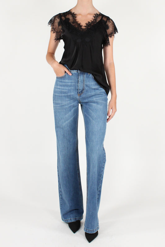 Blusa Scollo a V in Viscosa con Pizzo