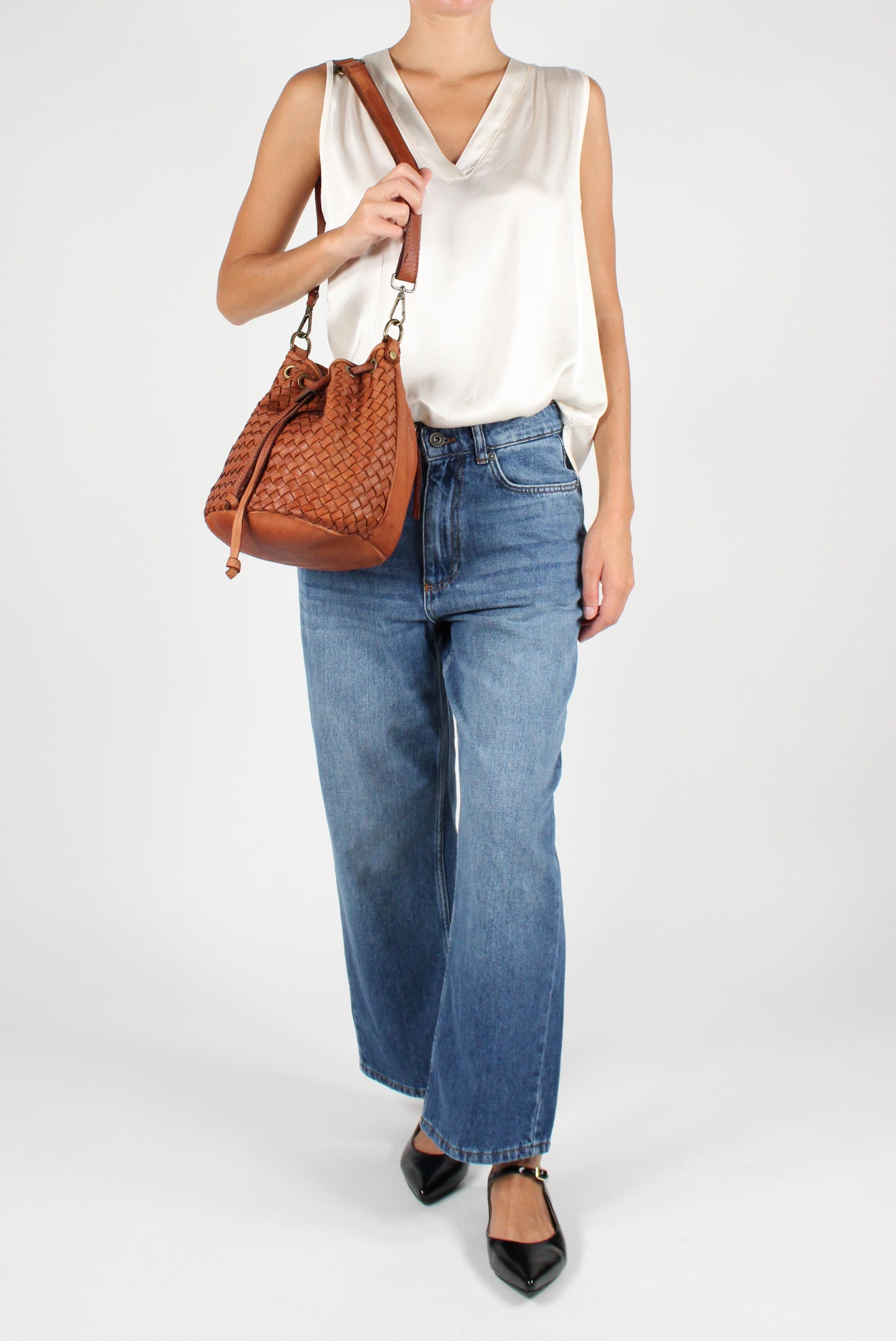 Woven Leather Bucket Bag