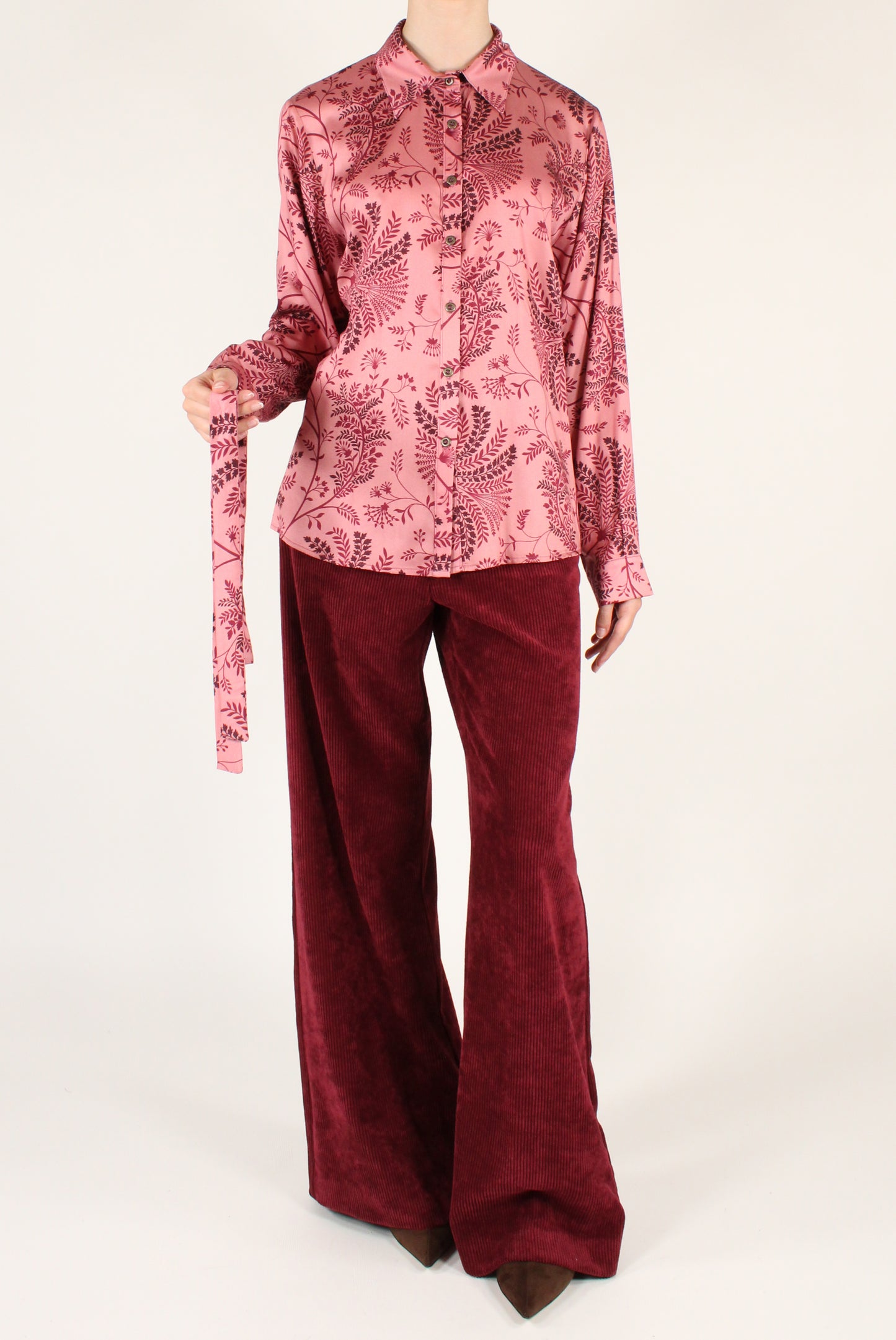 Pink Floral Print Shirt with Ribbon