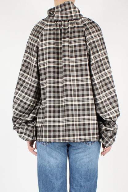 Oversized Blouse with Checked Bow