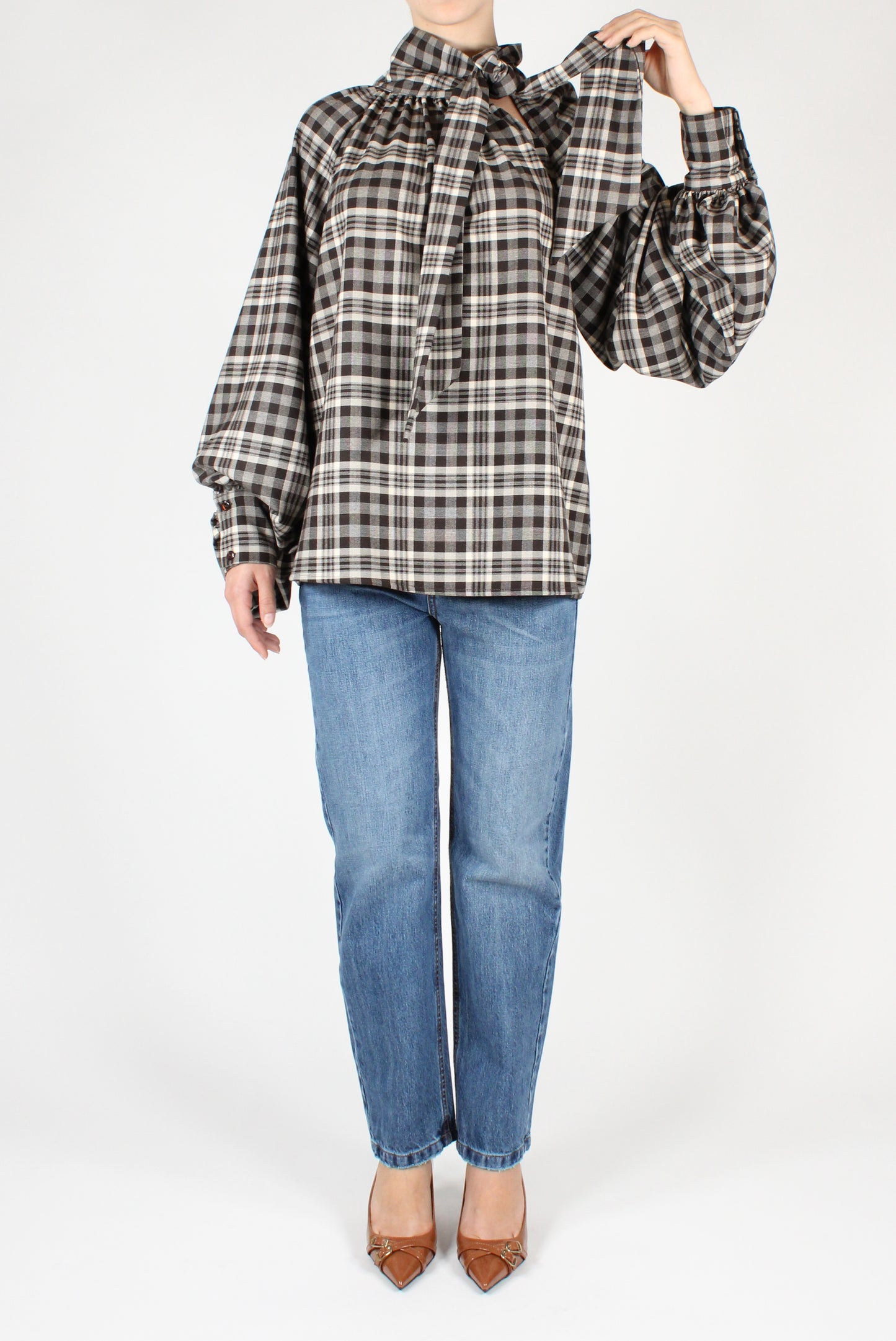 Oversized Blouse with Checked Bow