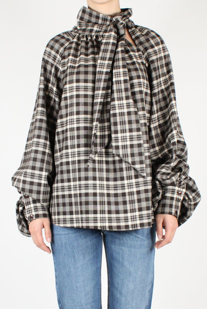 Oversized Blouse with Checked Bow