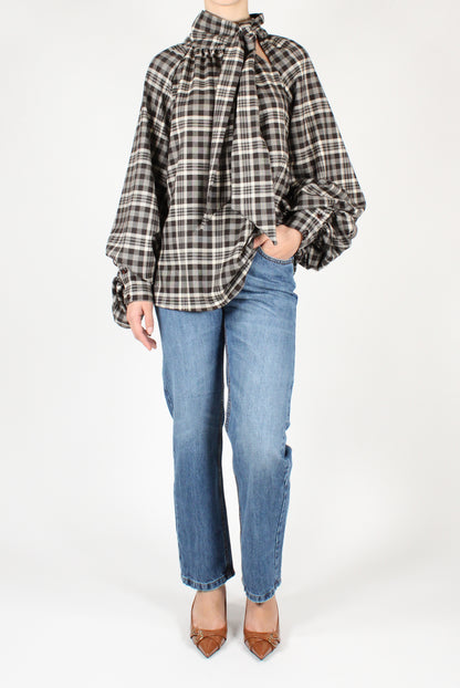 Oversized Blouse with Checked Bow