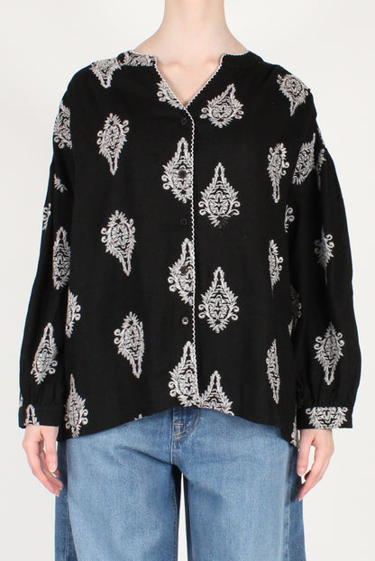 Camicia Over con Ricami Misto Lino