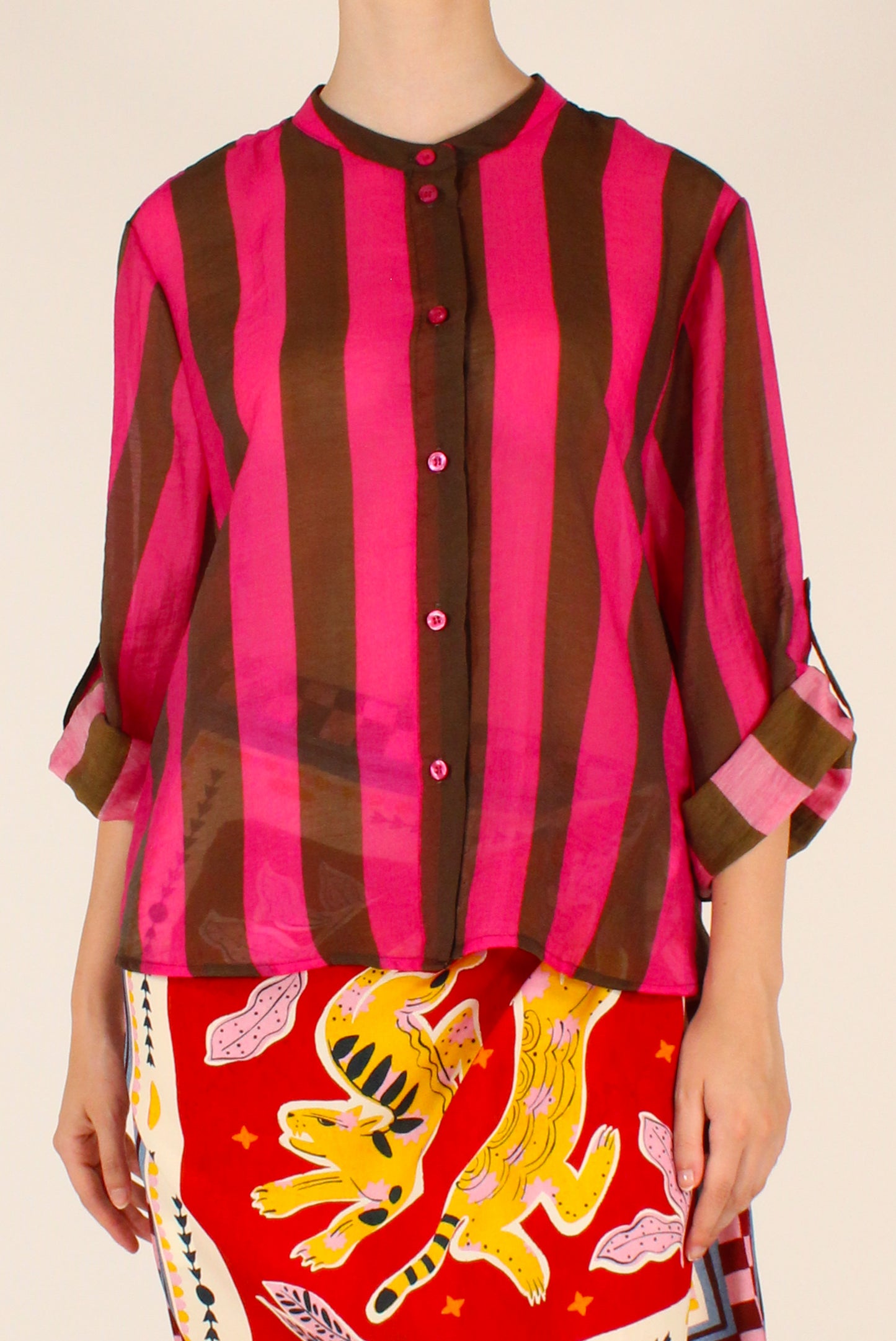 Camicia Stampa a Righe Moro/Fucsia