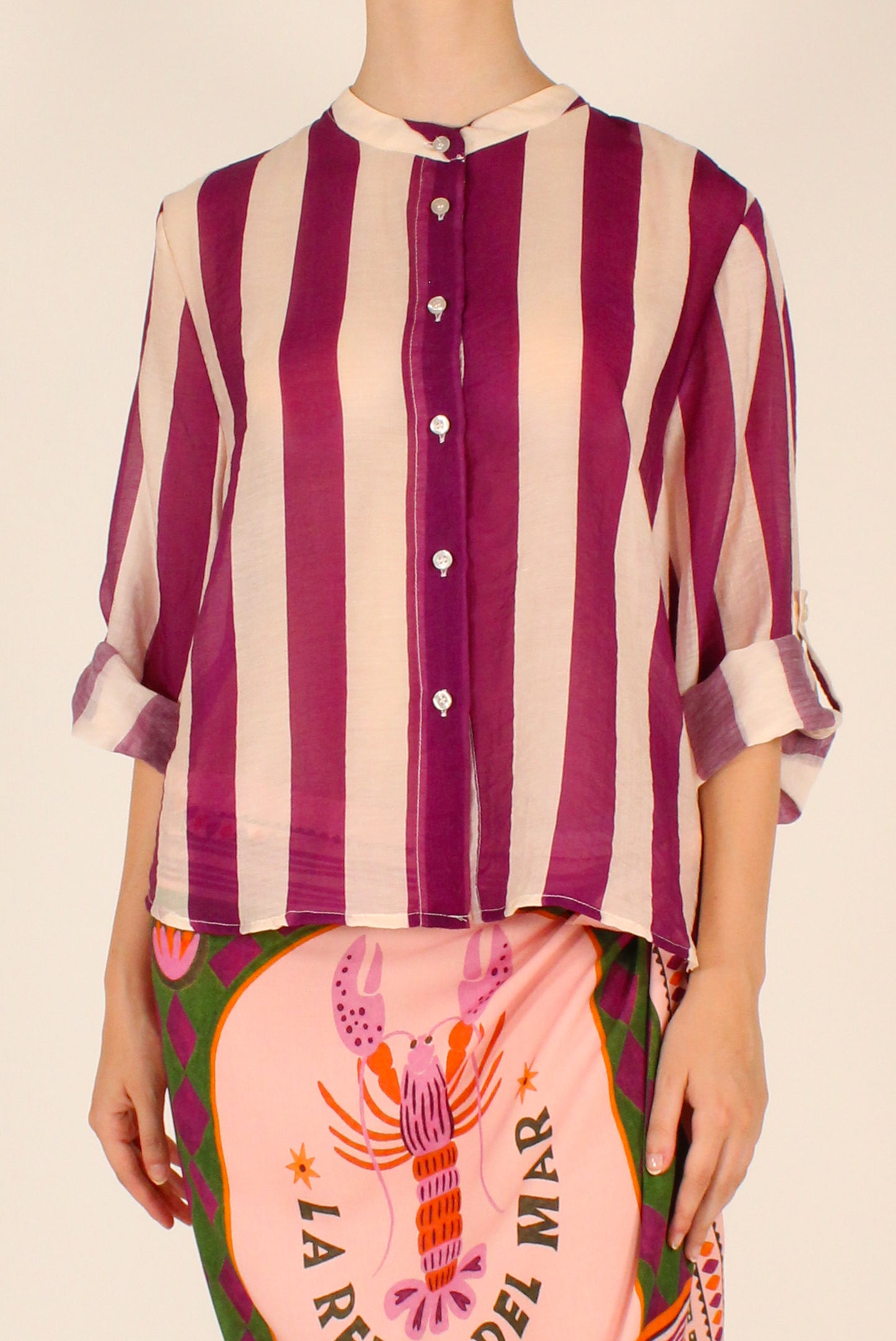 Camicia Stampa a Righe Panna/Viola