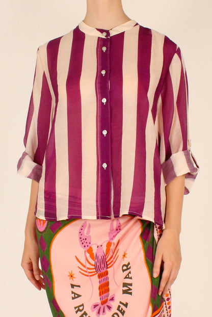 Camicia Stampa a Righe Panna/Viola