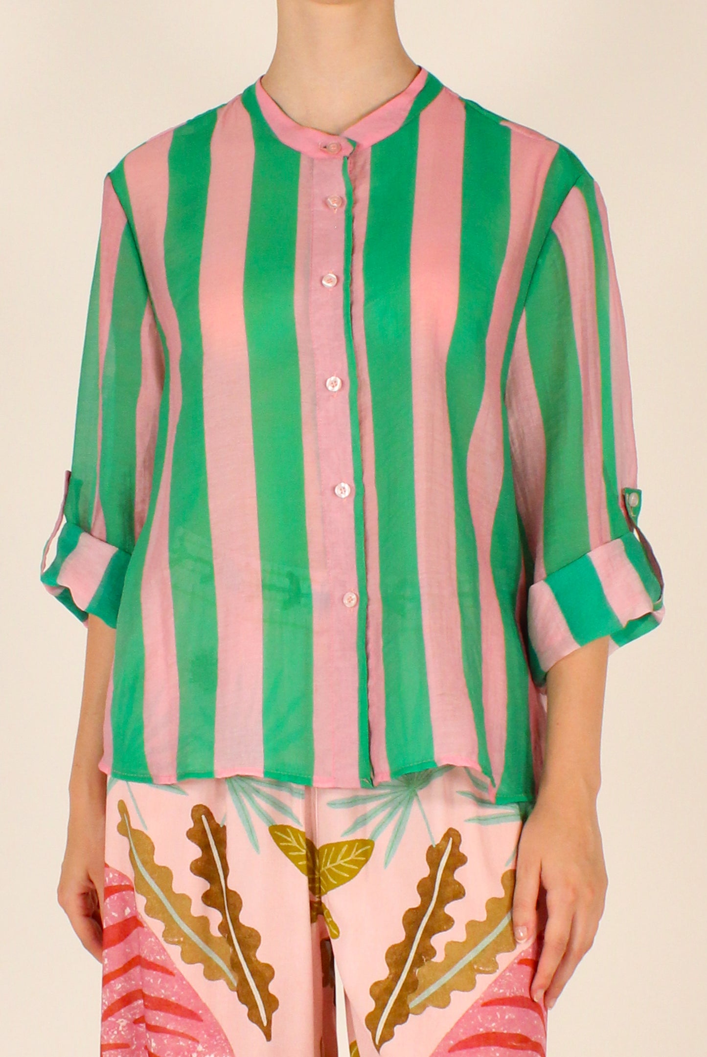 Camicia Stampa a Righe Verde e Rosa