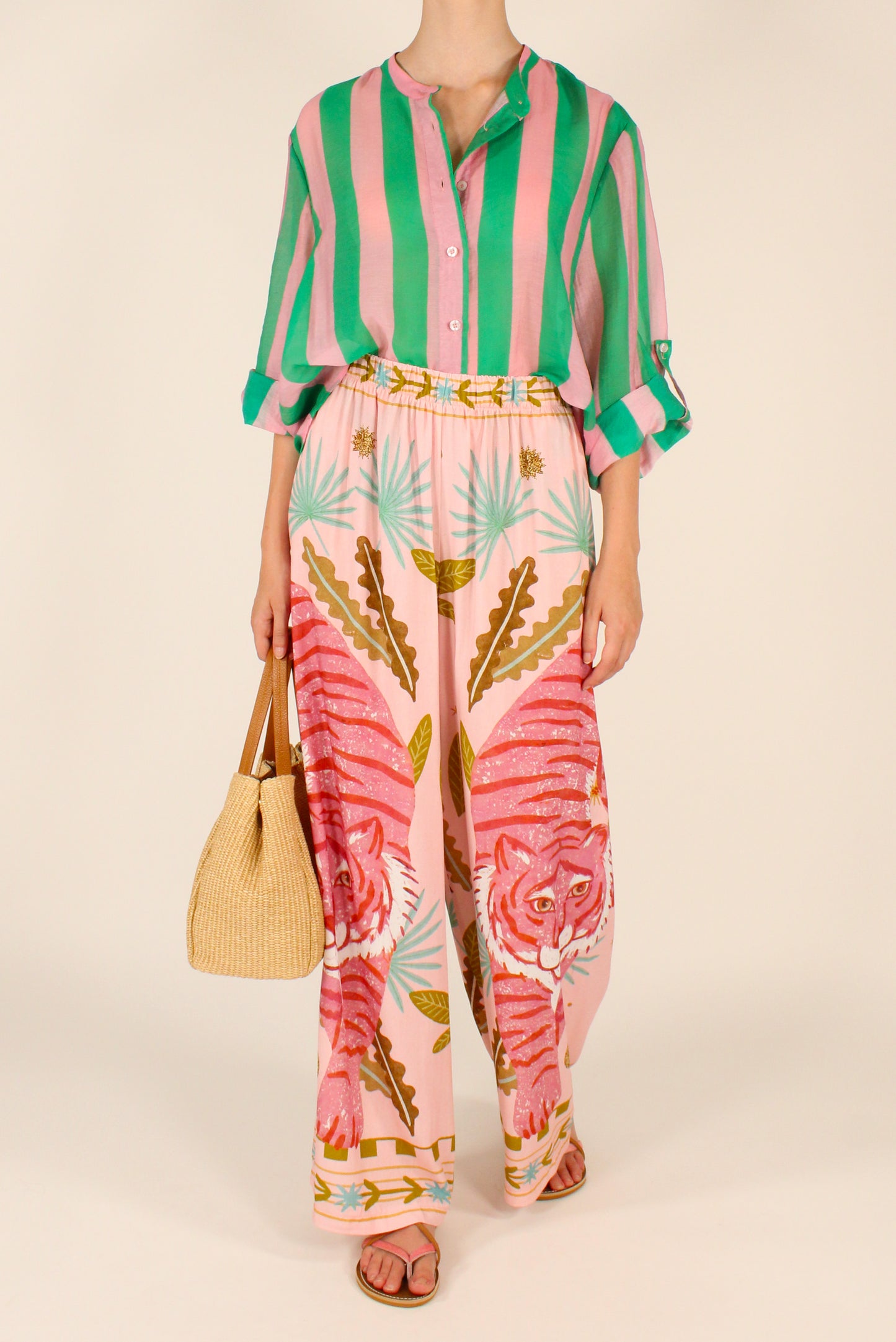 Pantaloni Stampa Tigre Rosa